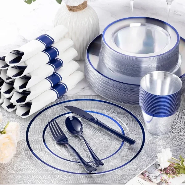 350 Piece Dark Blue Plastic Dinnerware Set for Party, Clear Disposable Plates for 50 Guests, Include: 50 Dinner Plates - Image 2