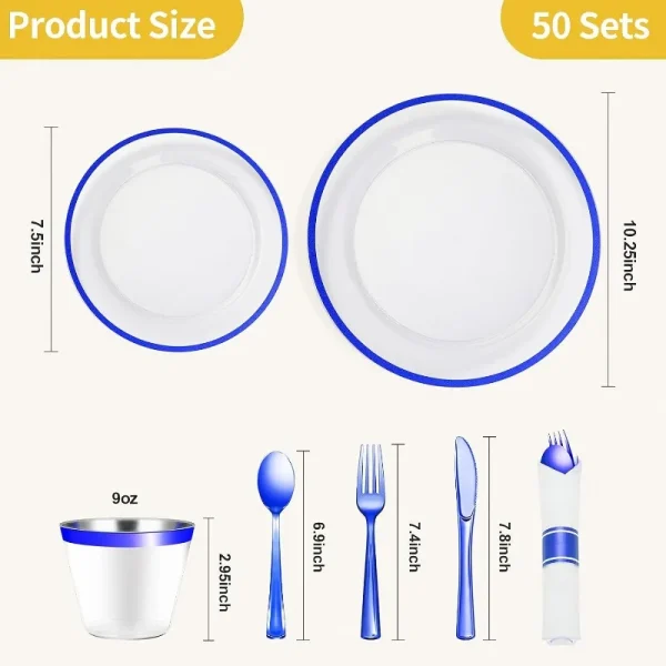 350 Piece Dark Blue Plastic Dinnerware Set for Party, Clear Disposable Plates for 50 Guests, Include: 50 Dinner Plates - Image 4