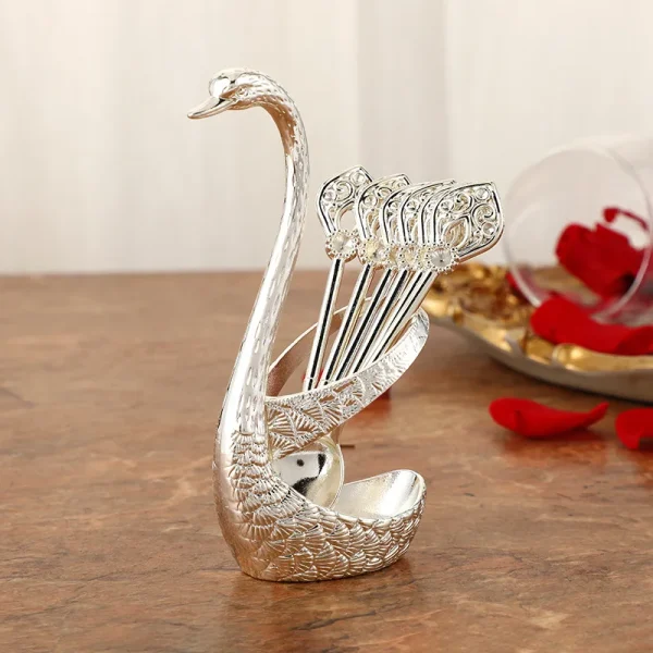 7PCS Stainless Steel Creative Dinnerware Set Decorative Swan Base Holder With 6 Spoons For Coffee Fruit Dessert Stirring Mixing - Image 5