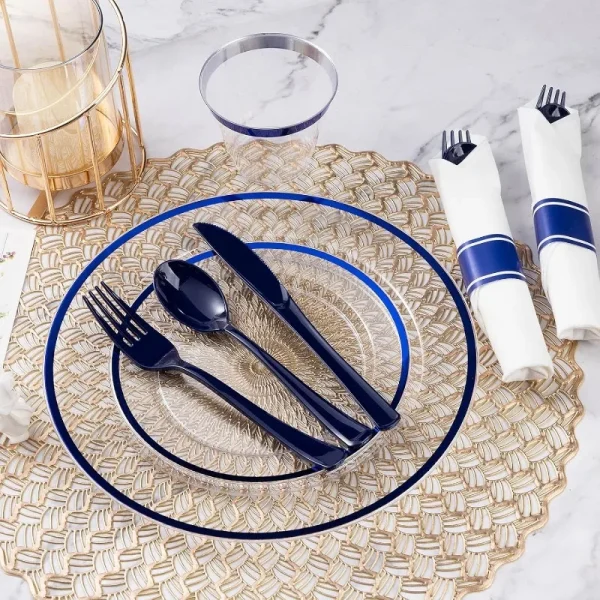 350 Piece Dark Blue Plastic Dinnerware Set for Party, Clear Disposable Plates for 50 Guests, Include: 50 Dinner Plates - Image 5